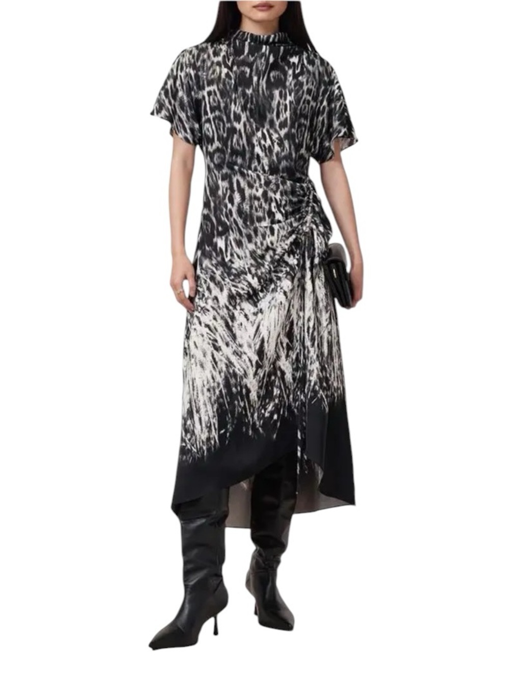 AllSaints - NWT Rosie Draped Midi Dress Black White Animal Print Cowl Neck Sz 4
